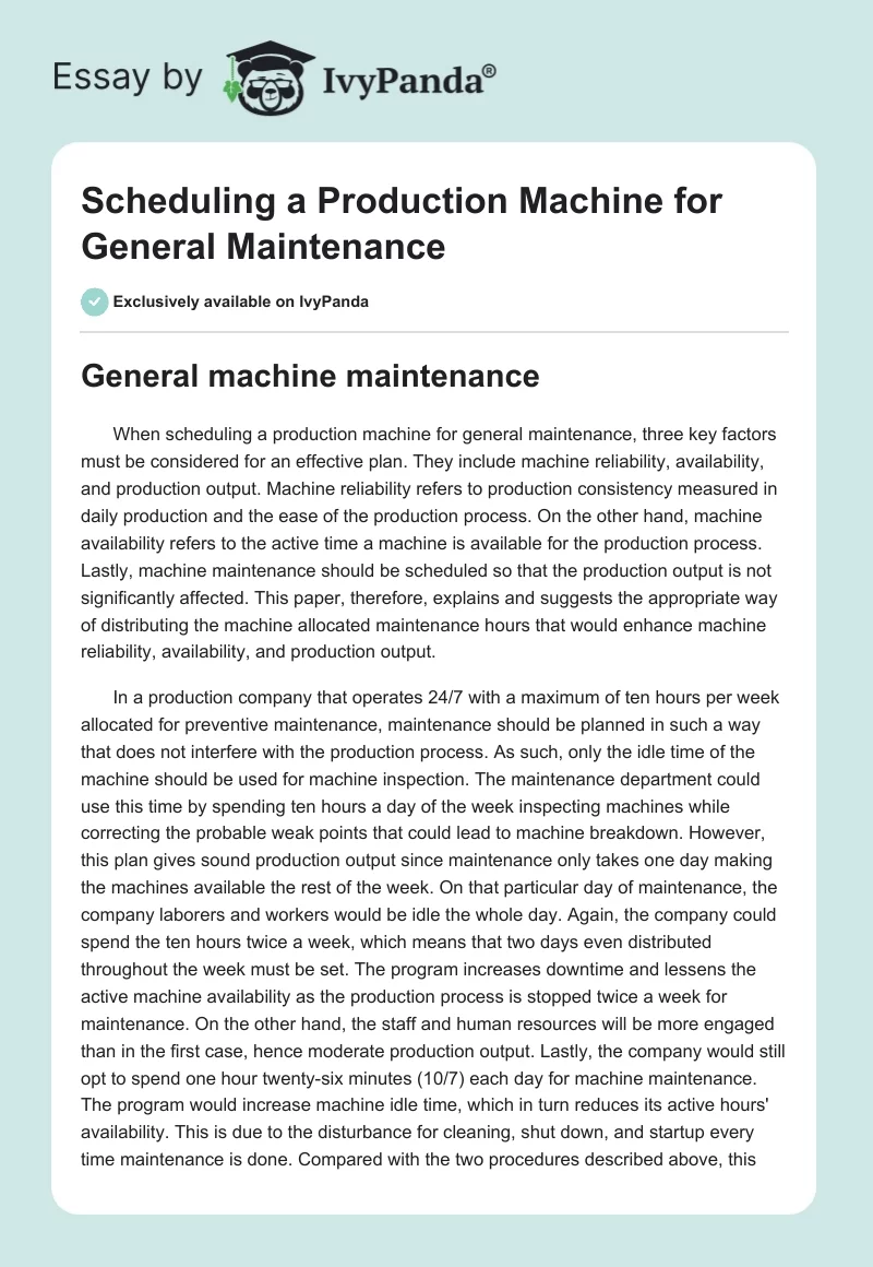 Scheduling a Production Machine for General Maintenance. Page 1