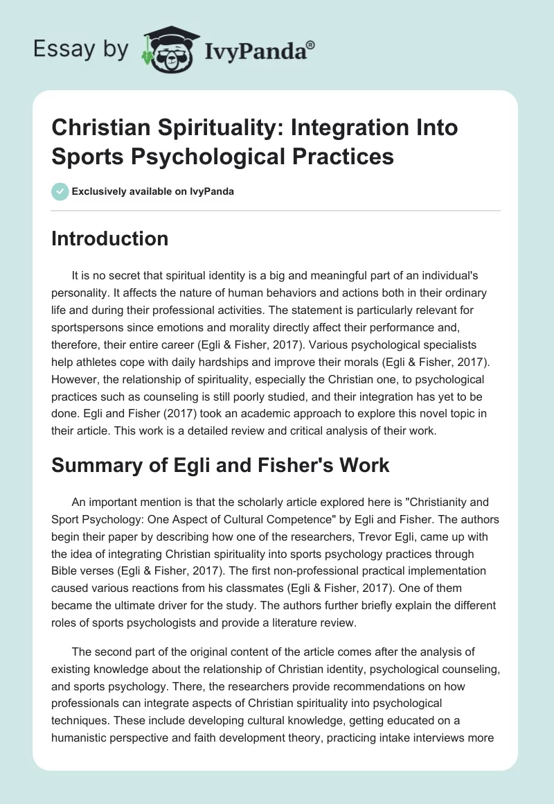 Christian Spirituality: Integration Into Sports Psychological Practices. Page 1
