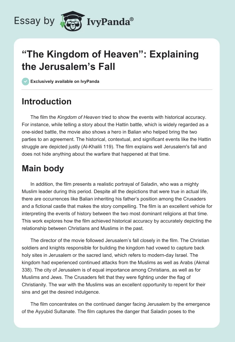 “The Kingdom of Heaven”: Explaining the Jerusalem’s Fall. Page 1