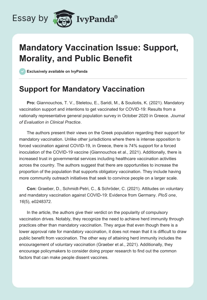 Mandatory Vaccination Issue: Support, Morality, and Public Benefit. Page 1