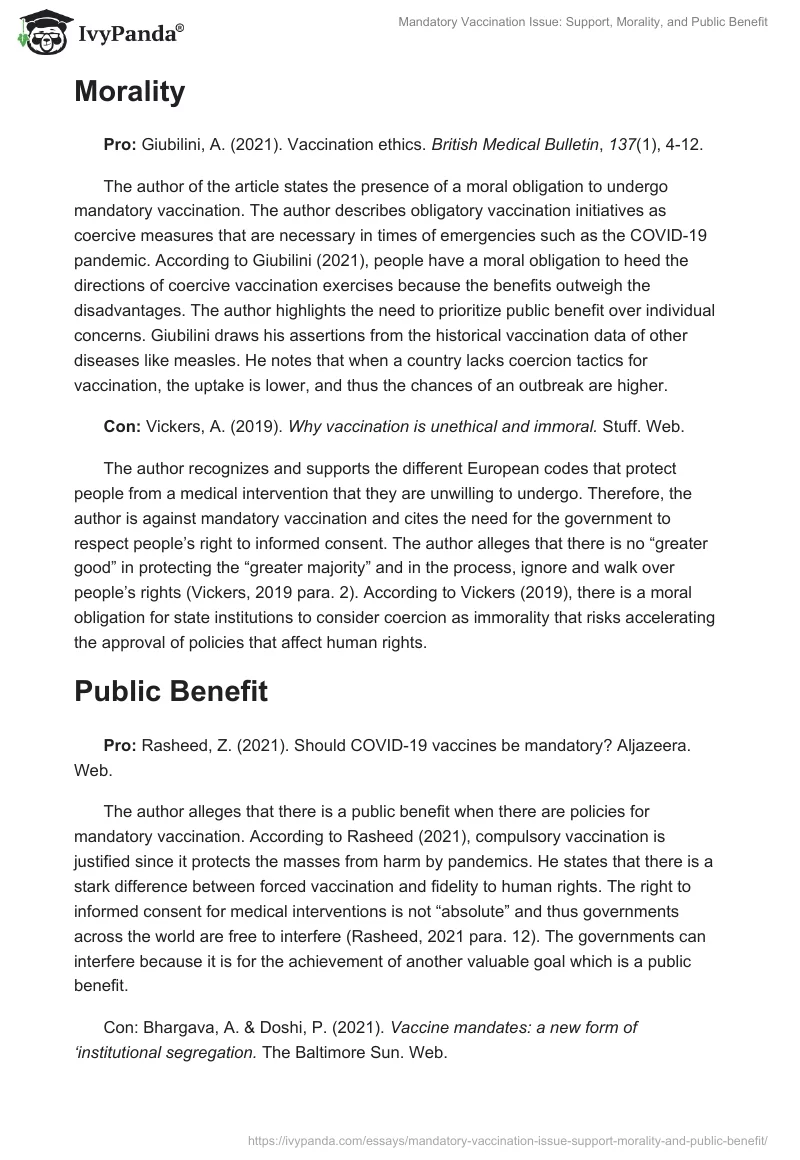 Mandatory Vaccination Issue: Support, Morality, and Public Benefit. Page 2