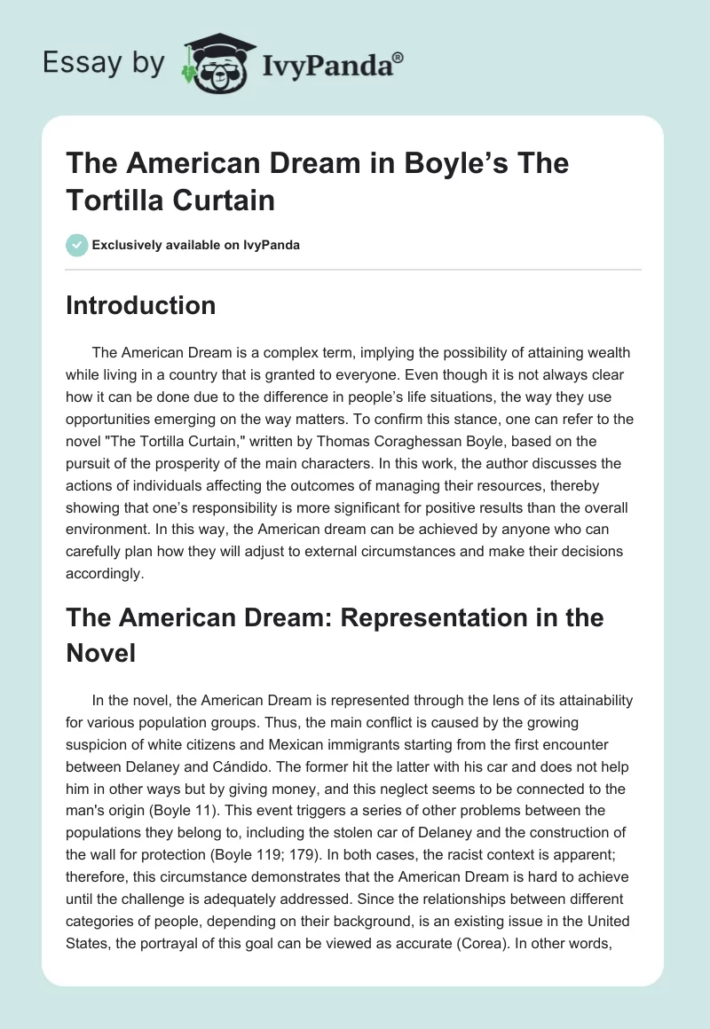 The American Dream in Boyle’s The Tortilla Curtain. Page 1