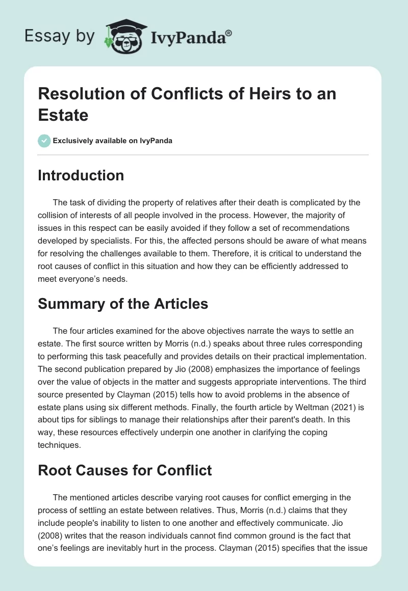 Resolution of Conflicts of Heirs to an Estate. Page 1