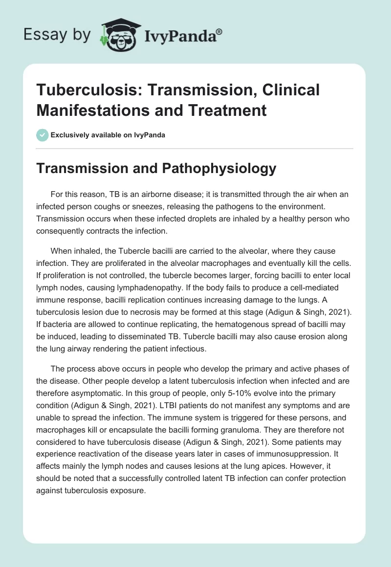 Tuberculosis: Transmission, Clinical Manifestations and Treatment. Page 1
