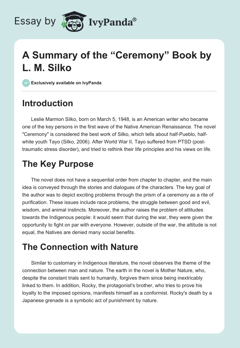 A Summary of the “Ceremony” Book by L. M. Silko. Page 1