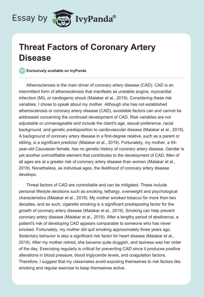 Threat Factors of Coronary Artery Disease. Page 1