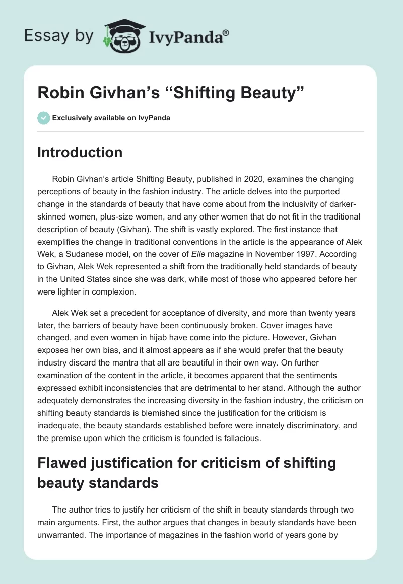 Robin Givhan’s “Shifting Beauty”. Page 1