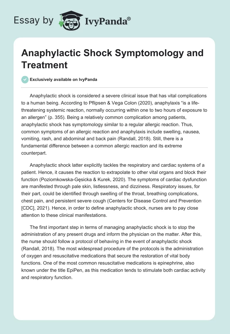 Anaphylactic Shock Symptomology and Treatment. Page 1