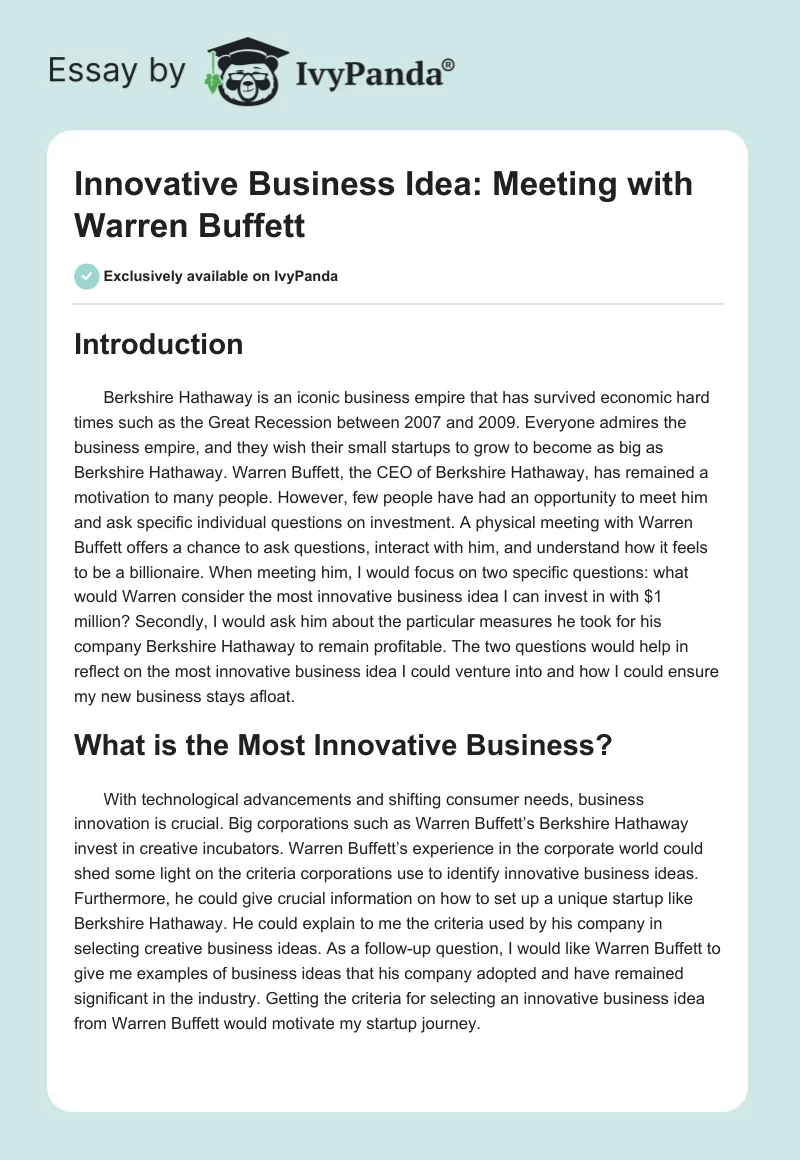 Innovative Business Idea: Meeting with Warren Buffett. Page 1