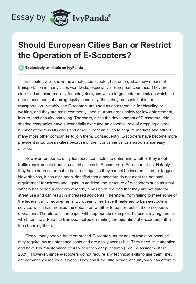 Should European Cities Ban or Restrict the Operation of E-Scooters?. Page 1