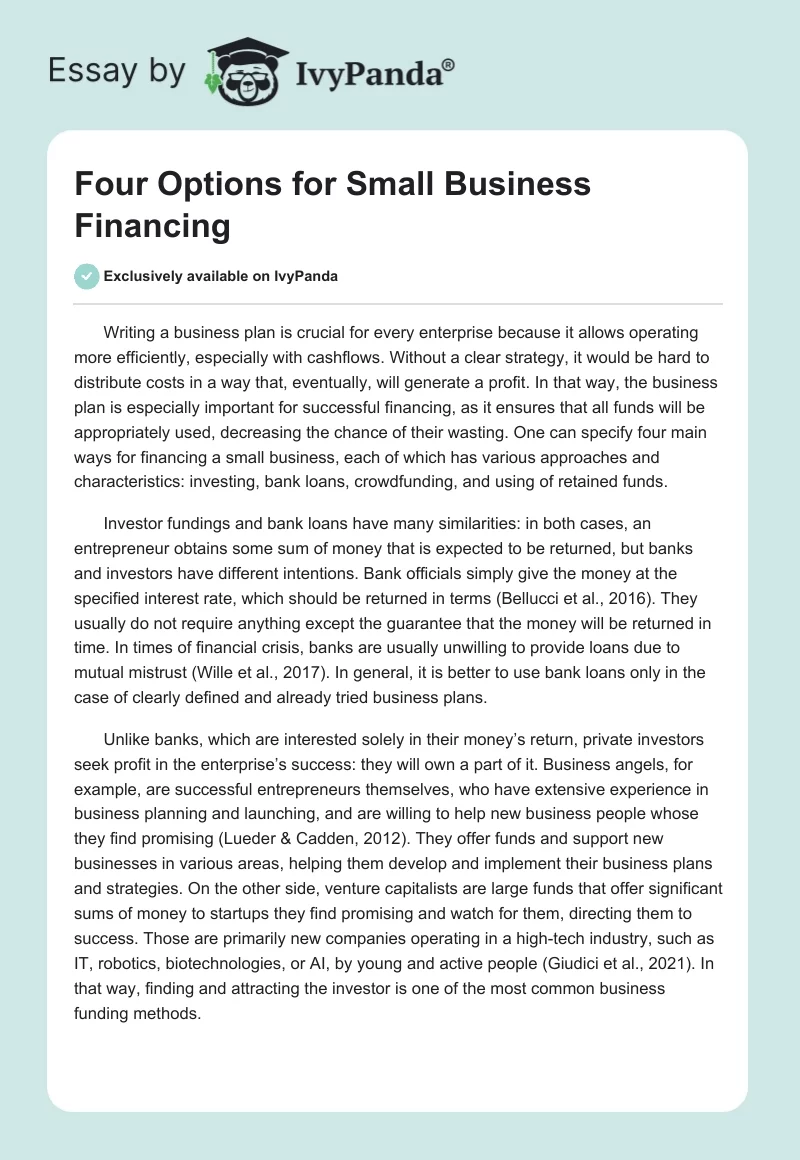 Four Options for Small Business Financing. Page 1