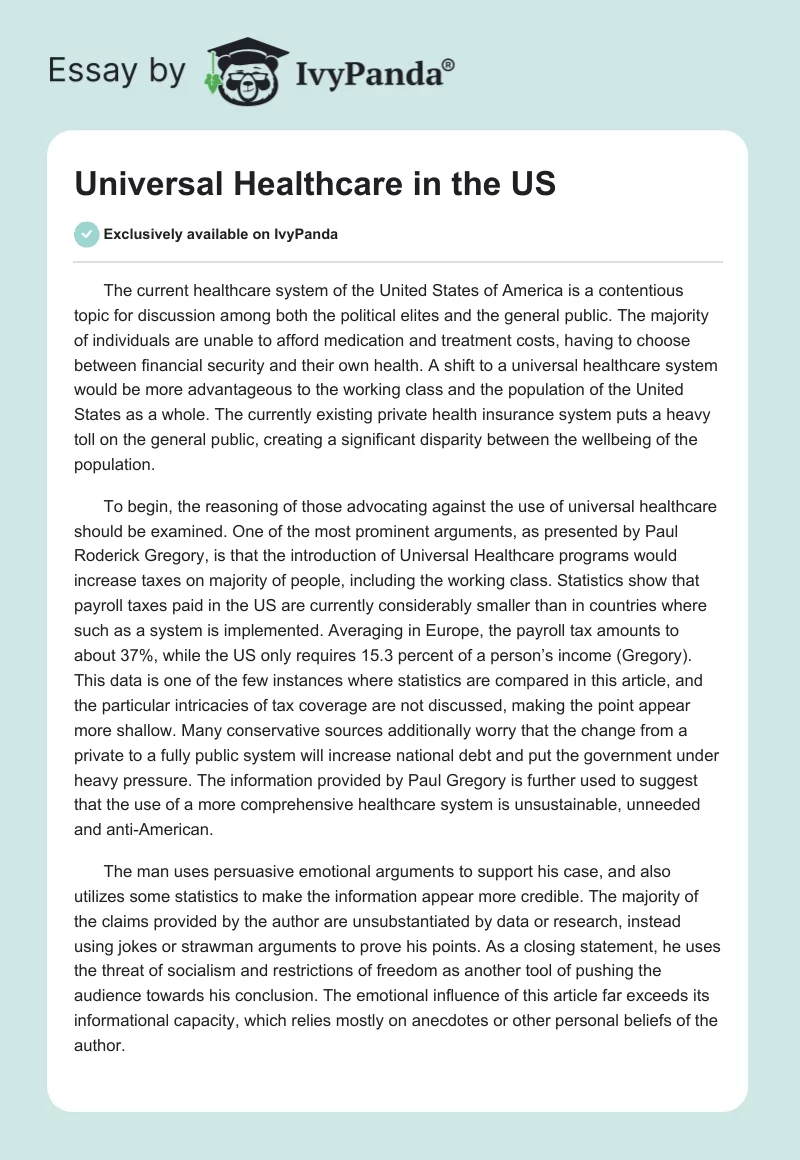 Universal Healthcare in the US. Page 1