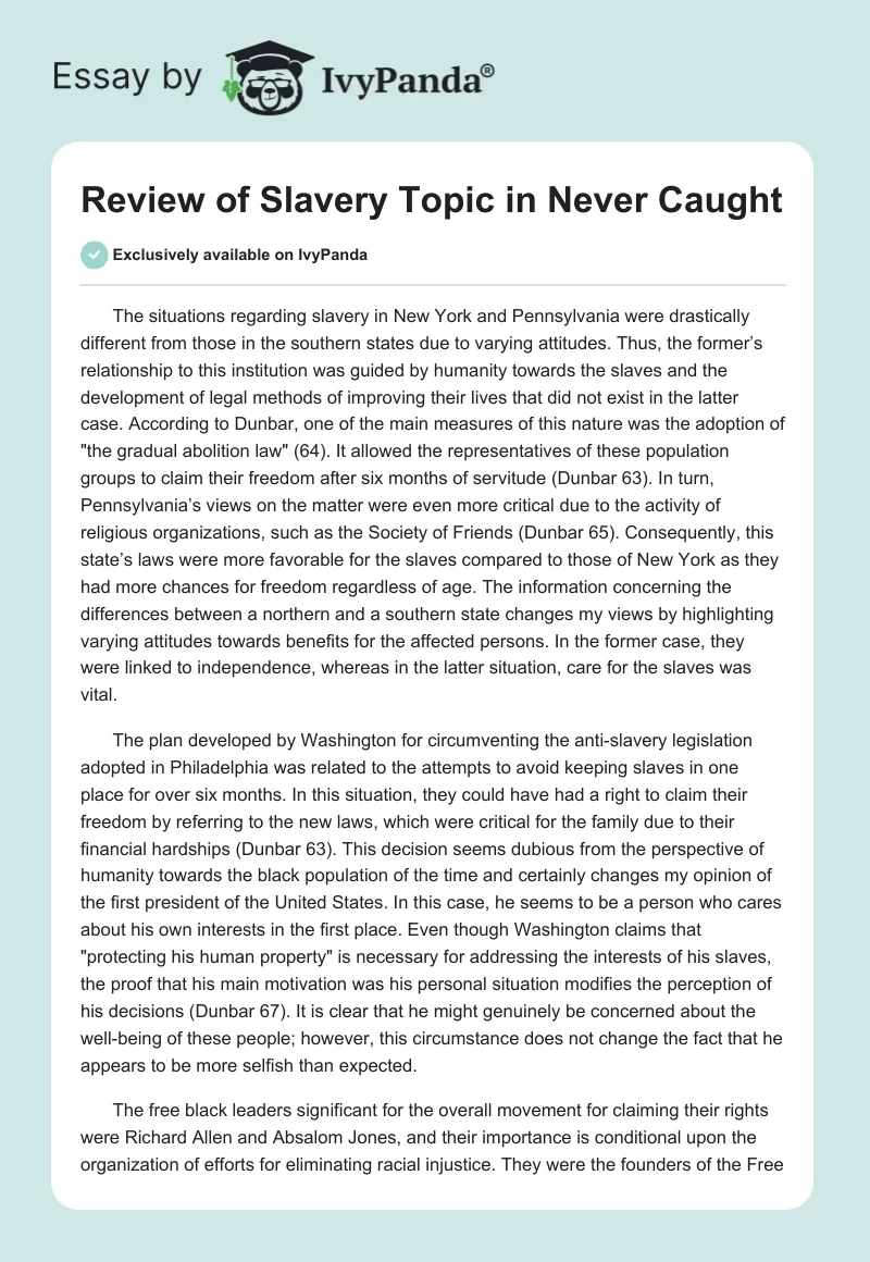Review of Slavery Topic in "Never Caught". Page 1