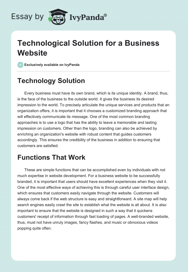 Technological Solution for a Business Website. Page 1