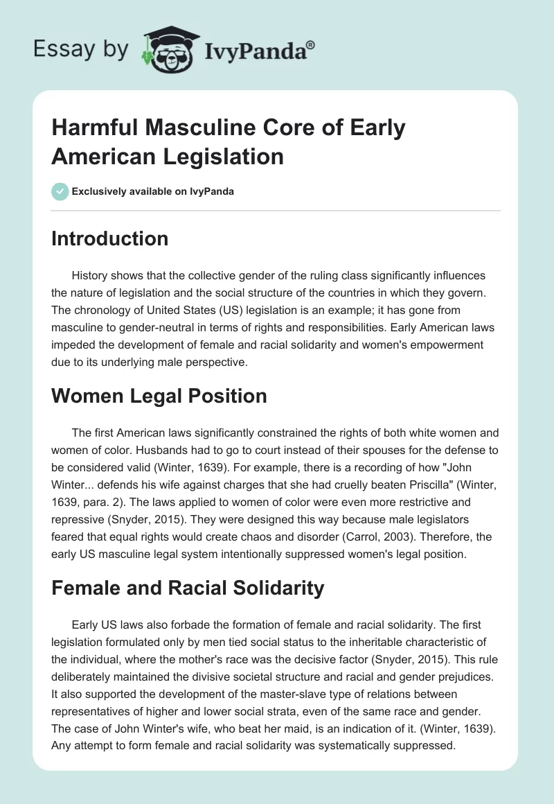 Harmful Masculine Core of Early American Legislation. Page 1