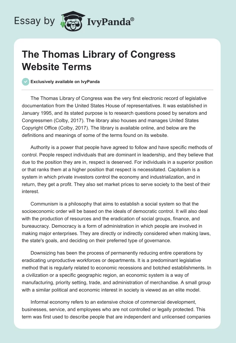 The Thomas Library of Congress Website Terms. Page 1