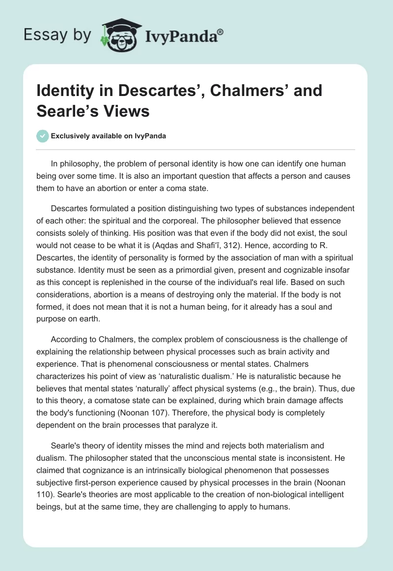 Identity in Descartes’, Chalmers’ and Searle’s Views. Page 1