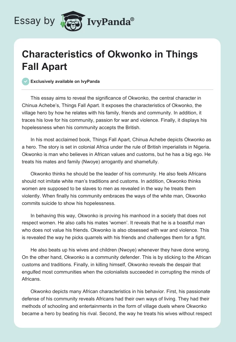 Characteristics of Okwonko in Things Fall Apart. Page 1