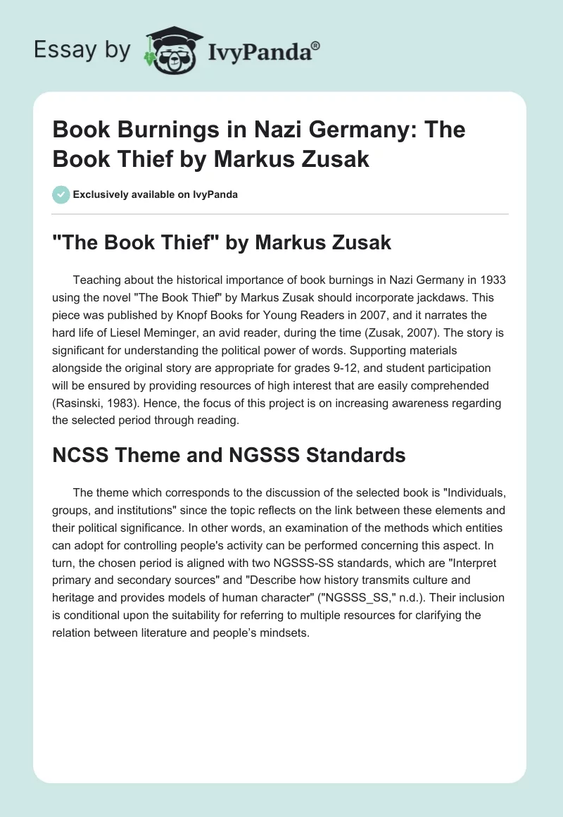 Book Burnings in Nazi Germany: "The Book Thief" by Markus Zusak. Page 1