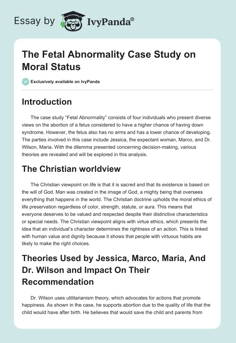 The Fetal Abnormality Case Study on Moral Status. Page 1