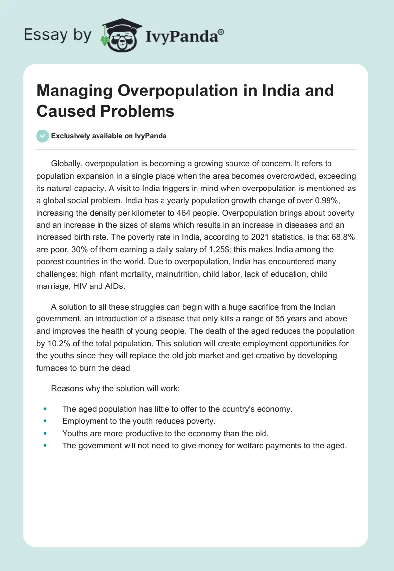 Managing Overpopulation in India and Caused Problems. Page 1