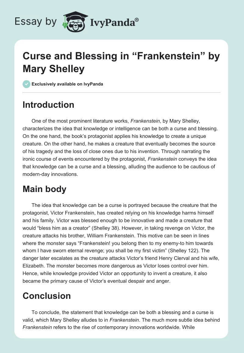 Curse and Blessing in “Frankenstein” by Mary Shelley. Page 1