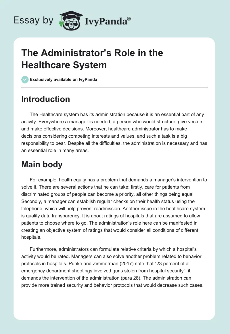 The Administrator’s Role in the Healthcare System. Page 1