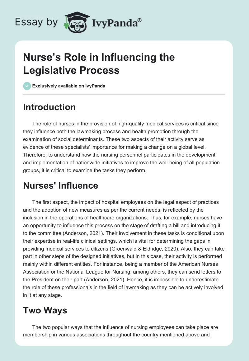 Nurse’s Role in Influencing the Legislative Process. Page 1