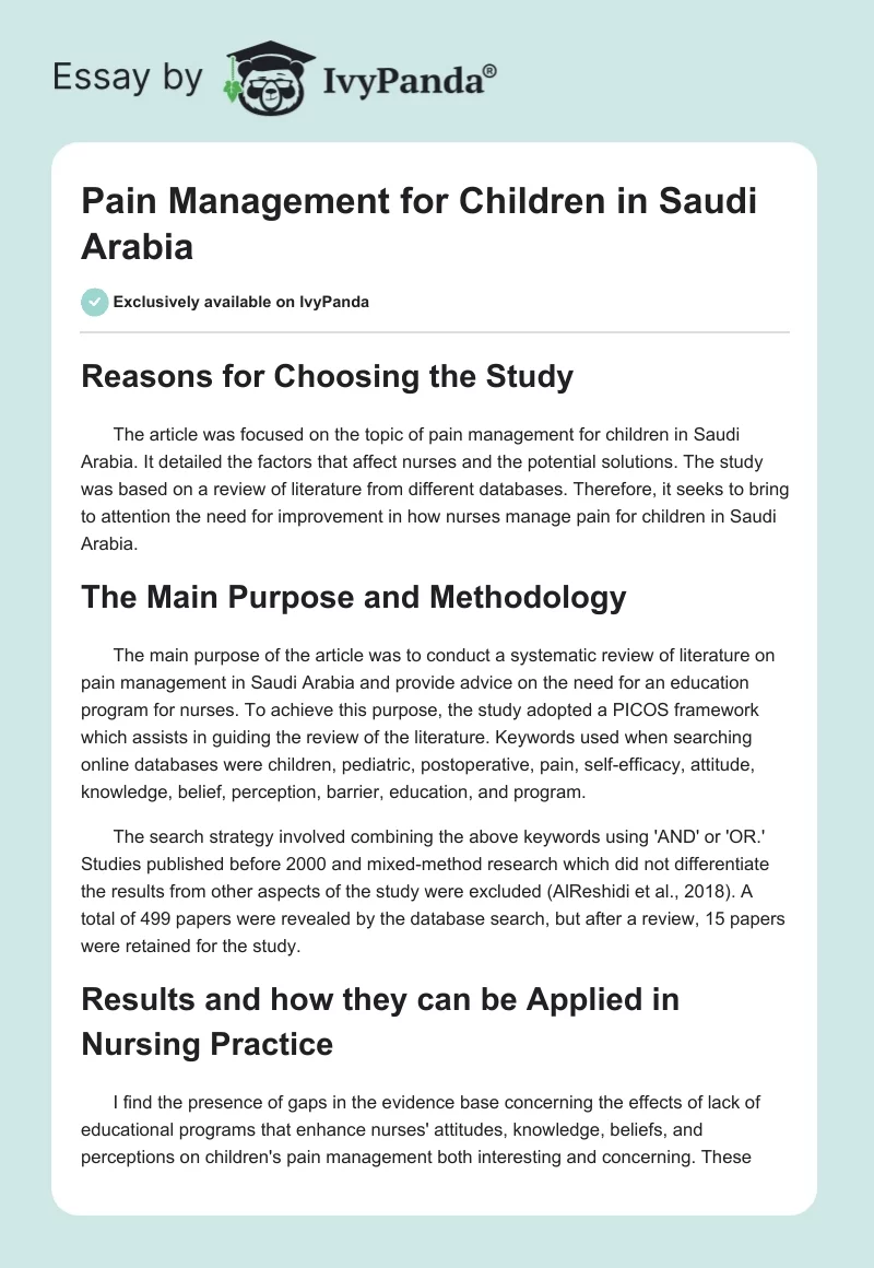 Pain Management for Children in Saudi Arabia. Page 1