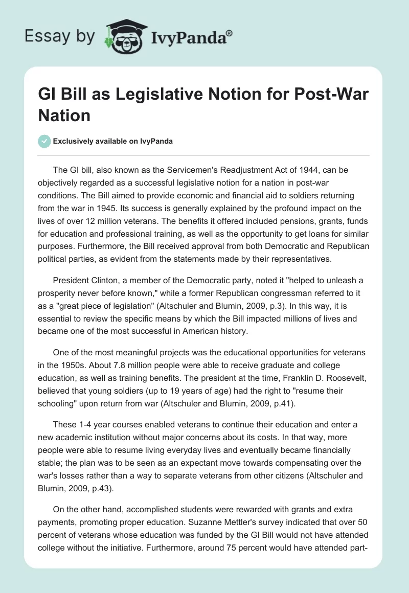 GI Bill as Legislative Notion for Post-War Nation. Page 1