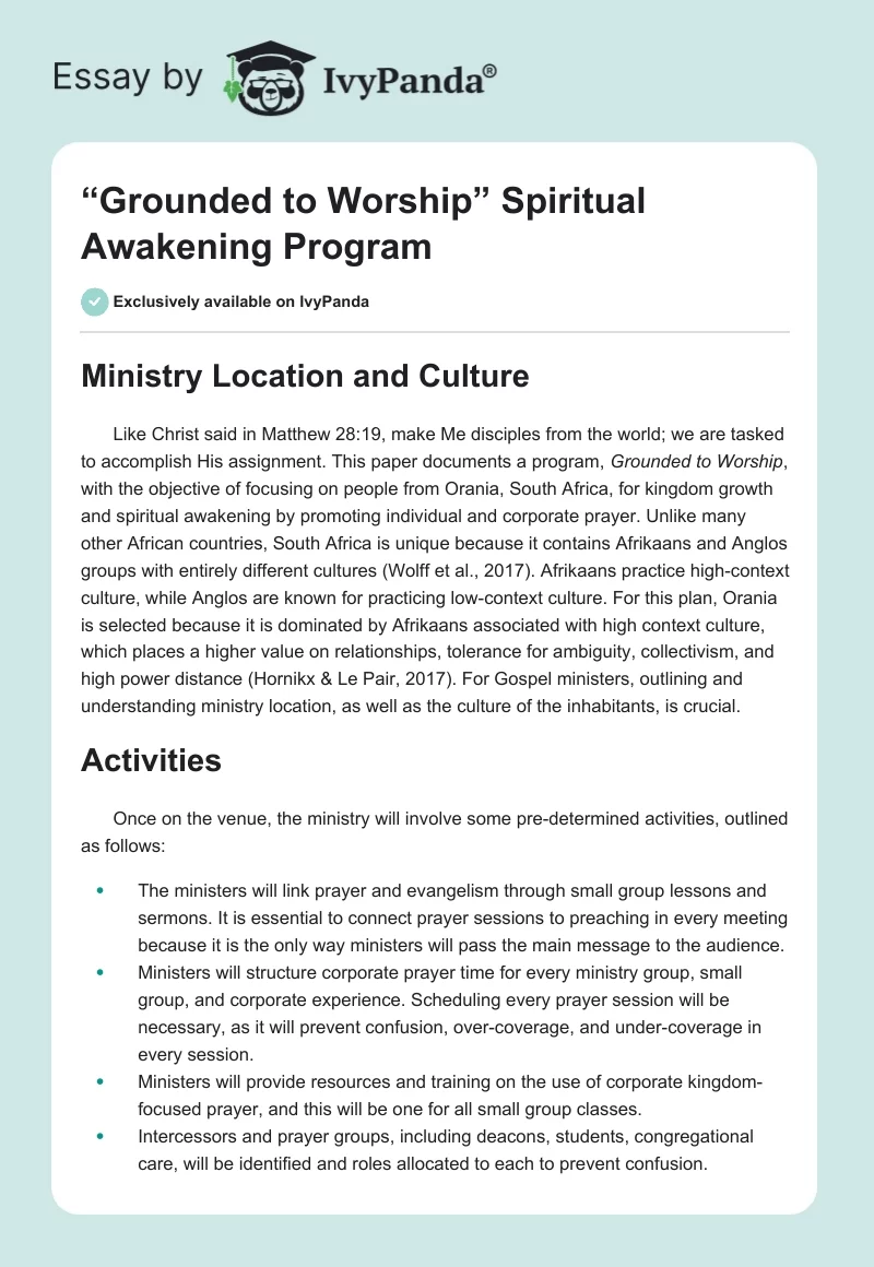 “Grounded to Worship” Spiritual Awakening Program. Page 1