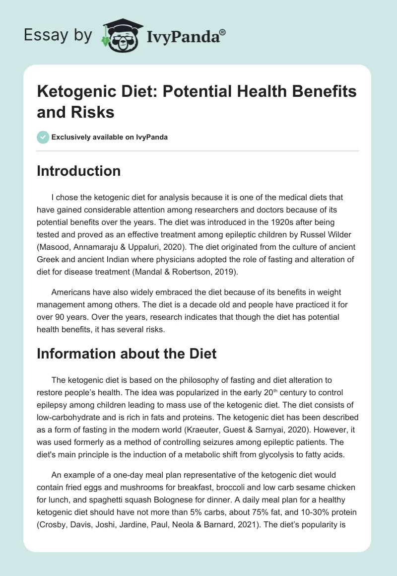 Ketogenic Diet: Potential Health Benefits and Risks. Page 1