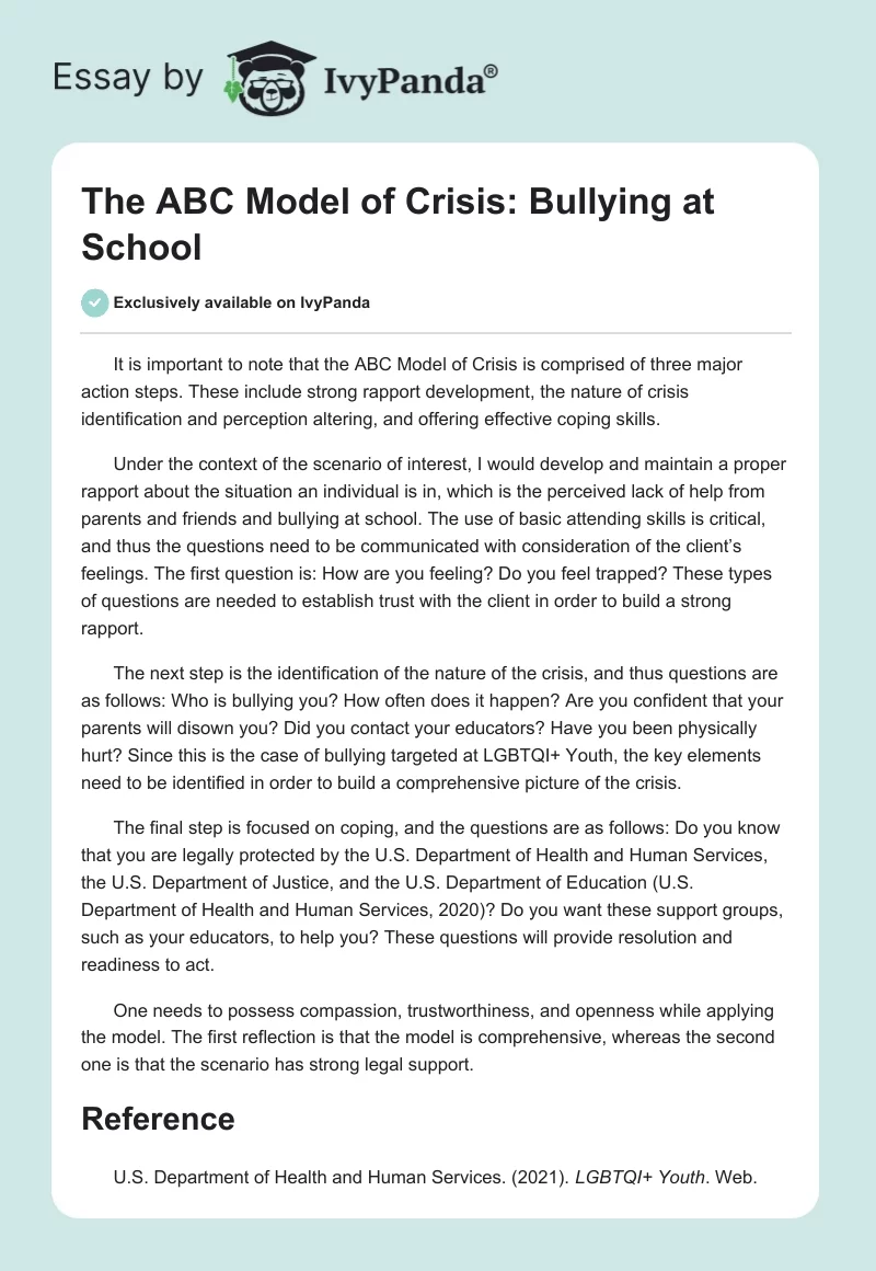 The ABC Model of Crisis: Bullying at School. Page 1