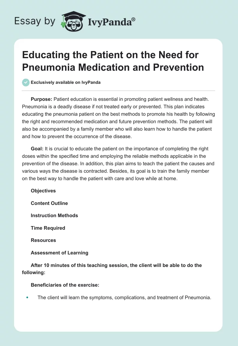 Educating the Patient on the Need for Pneumonia Medication and Prevention. Page 1
