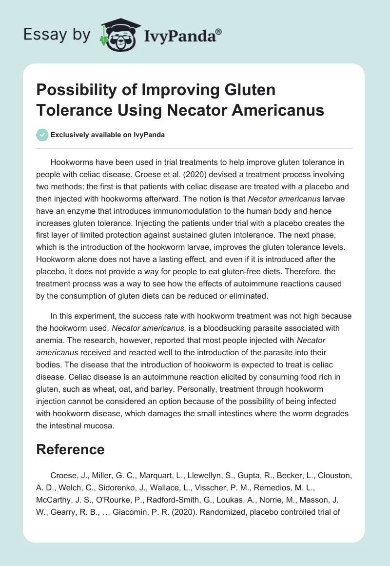Possibility of Improving Gluten Tolerance Using Necator Americanus. Page 1