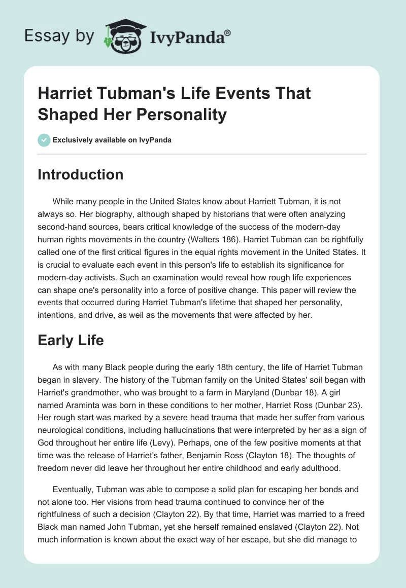 Harriet Tubman's Life Events That Shaped Her Personality. Page 1