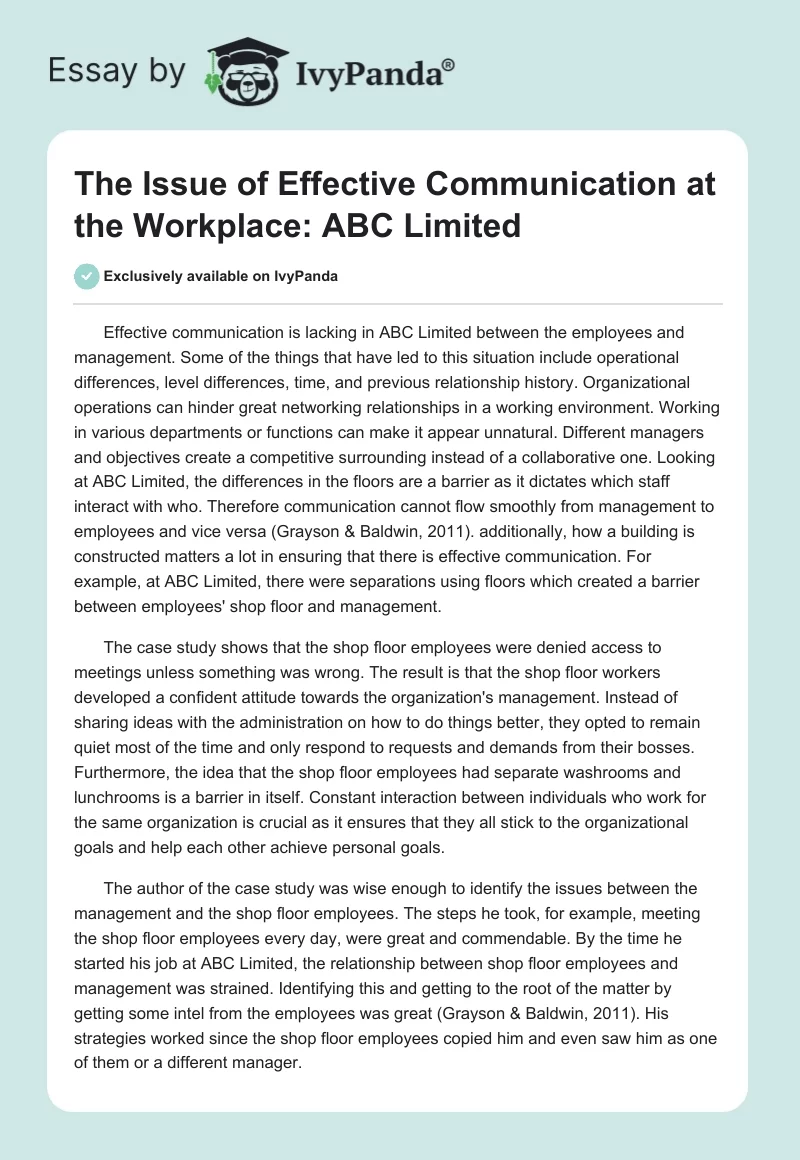 The Issue of Effective Communication at the Workplace: ABC Limited. Page 1