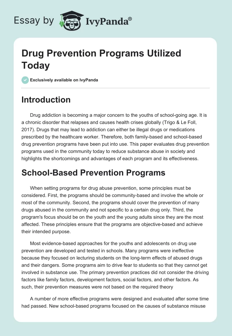 Drug Prevention Programs Utilized Today. Page 1