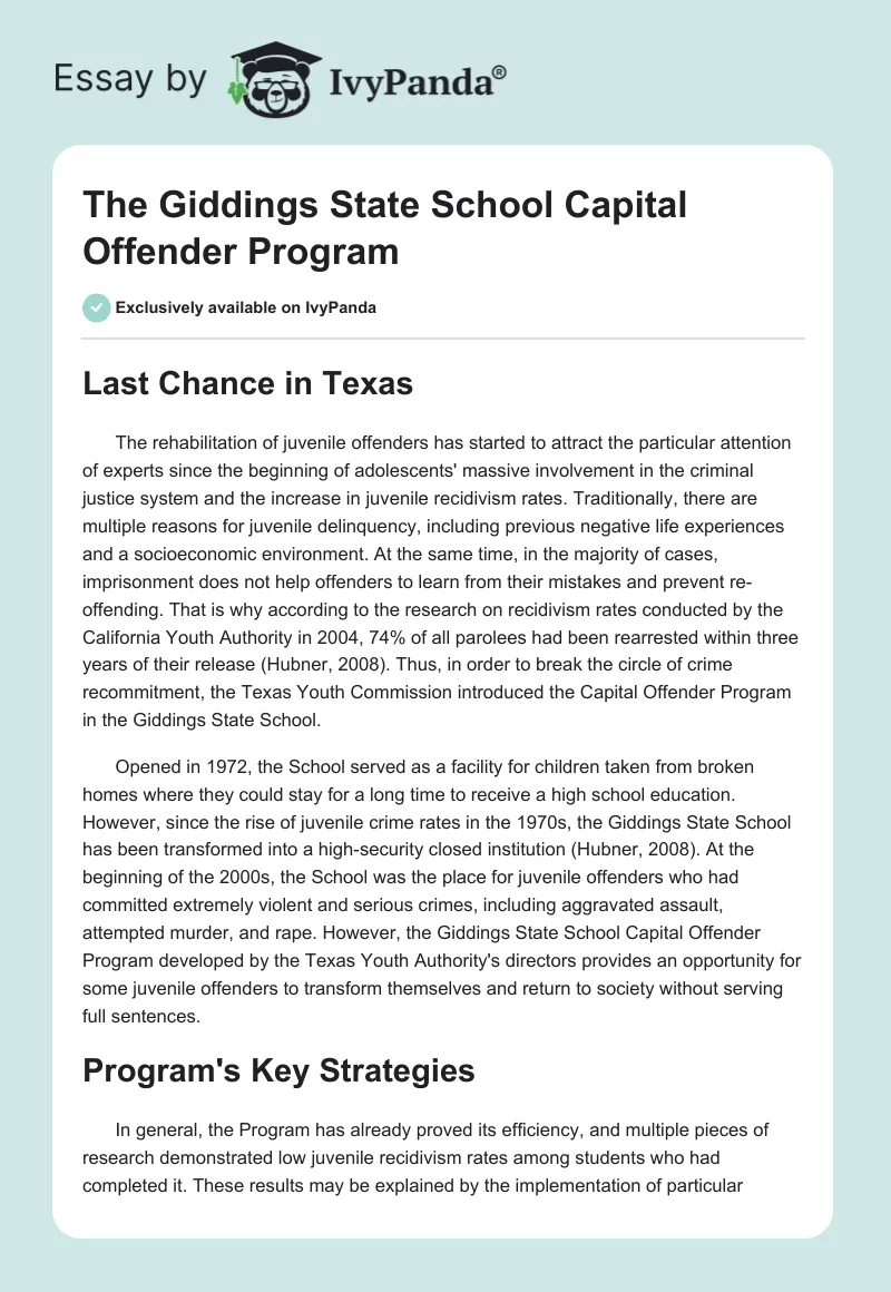 The Giddings State School Capital Offender Program. Page 1