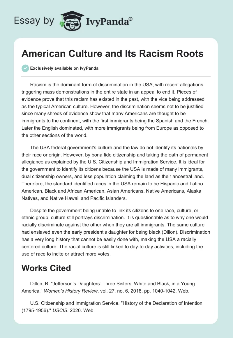 American Culture and Its Racism Roots. Page 1