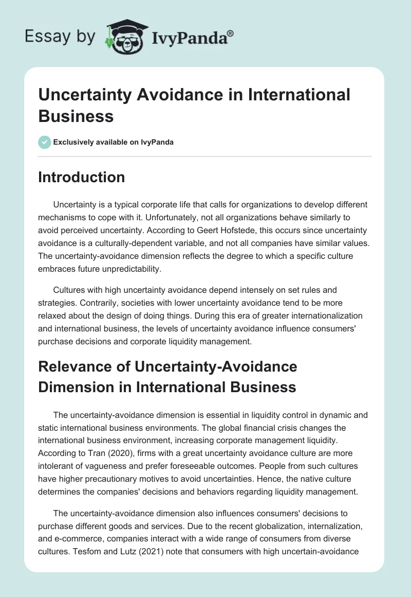 Uncertainty Avoidance in International Business. Page 1