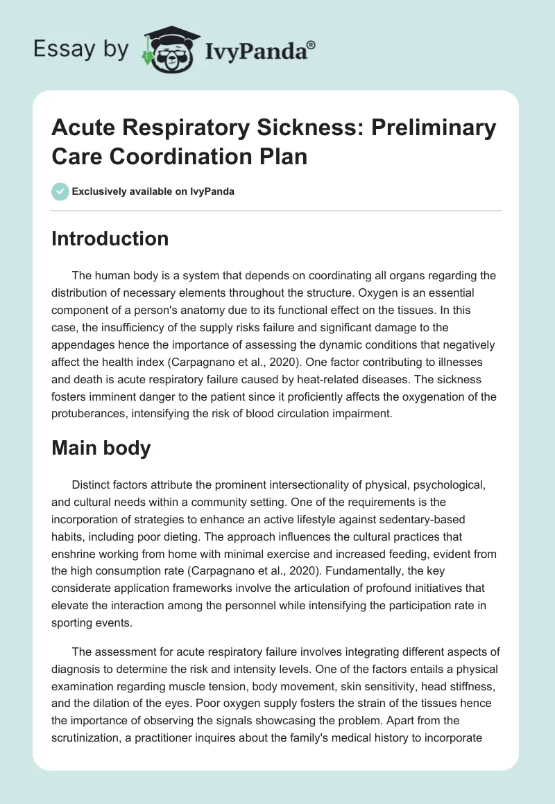 Acute Respiratory Sickness: Preliminary Care Coordination Plan. Page 1