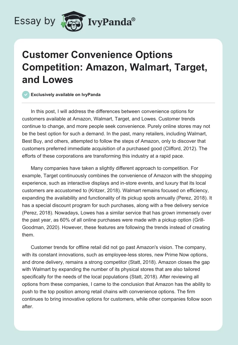 Customer Convenience Options Competition: Amazon, Walmart, Target, and Lowes. Page 1