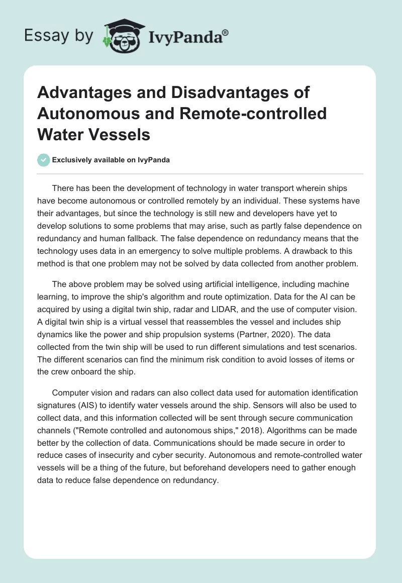 Advantages and Disadvantages of Autonomous and Remote-Controlled Water Vessels. Page 1