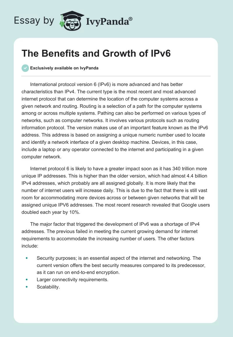 The Benefits and Growth of IPv6. Page 1