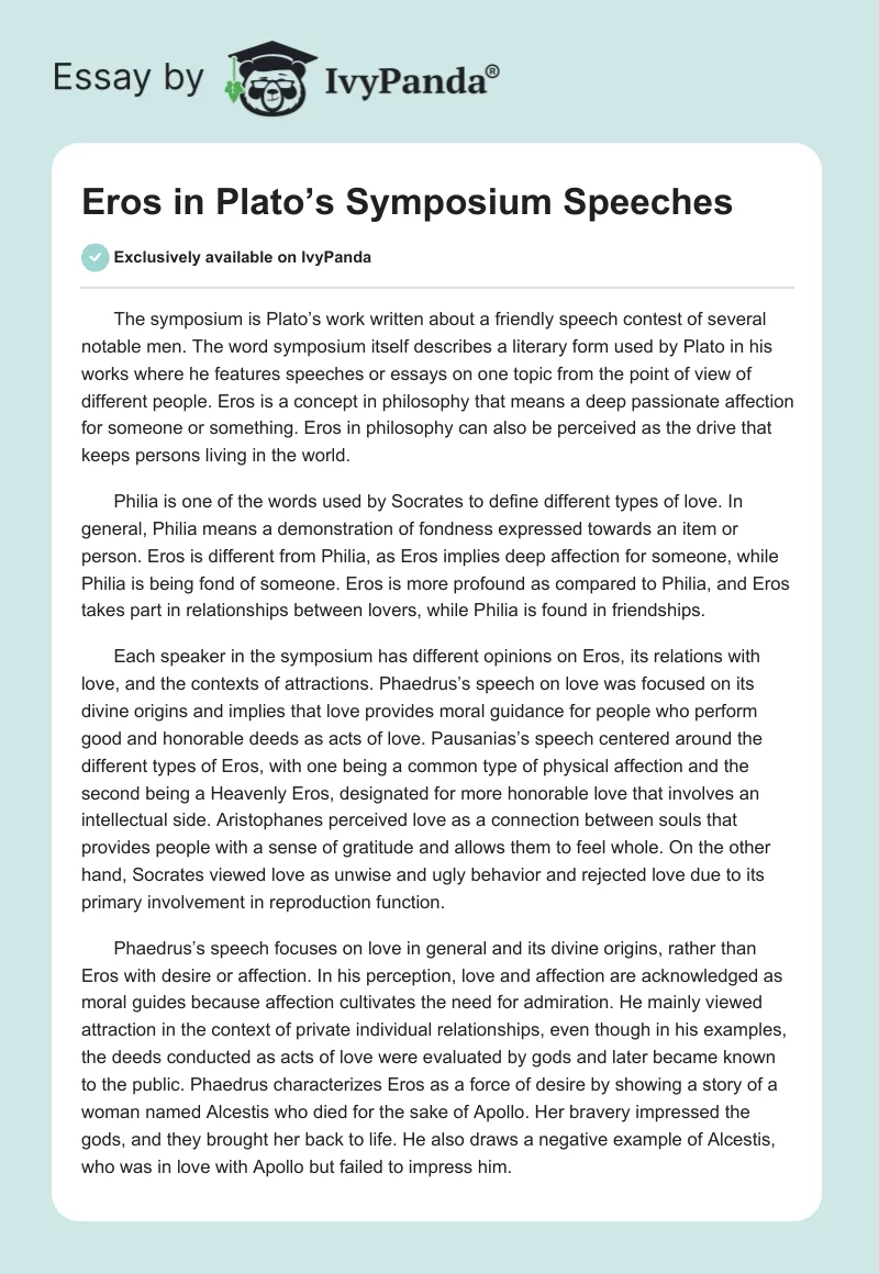 Eros in Plato’s Symposium Speeches. Page 1