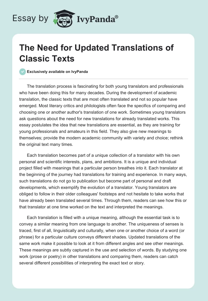 The Need for Updated Translations of Classic Texts. Page 1