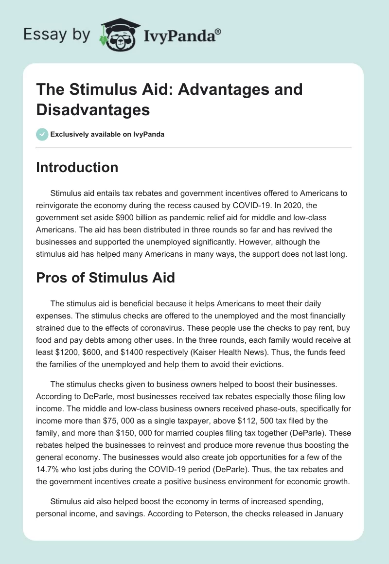 The Stimulus Aid: Advantages and Disadvantages. Page 1