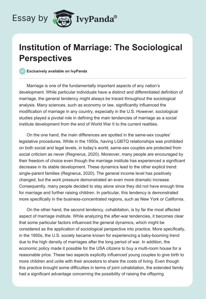 Institution of Marriage: The Sociological Perspectives. Page 1