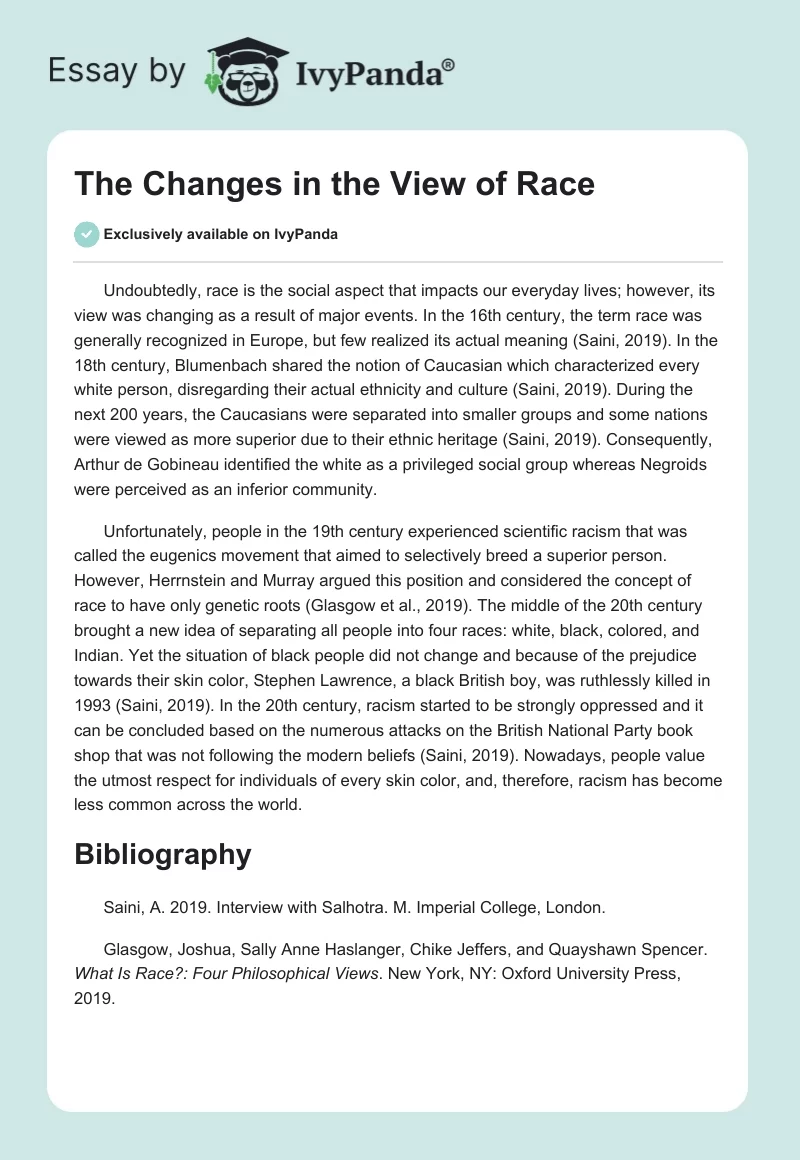 The Changes in the View of Race. Page 1